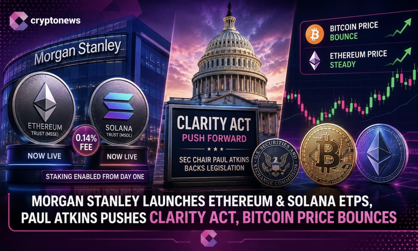 Morgan Stanley Debuts Ethereum and Solana ETPs as Clarity Act Gains Momentum and Bitcoin Recovers